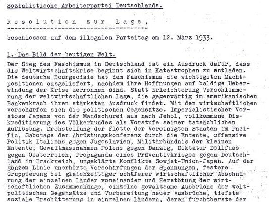 Auszug aus der Resolution zur Lage beschlossen auf dem illegalen Parteitag der Sozialistischen Arbeiterpartei Deutschlands am 12. März 1933.