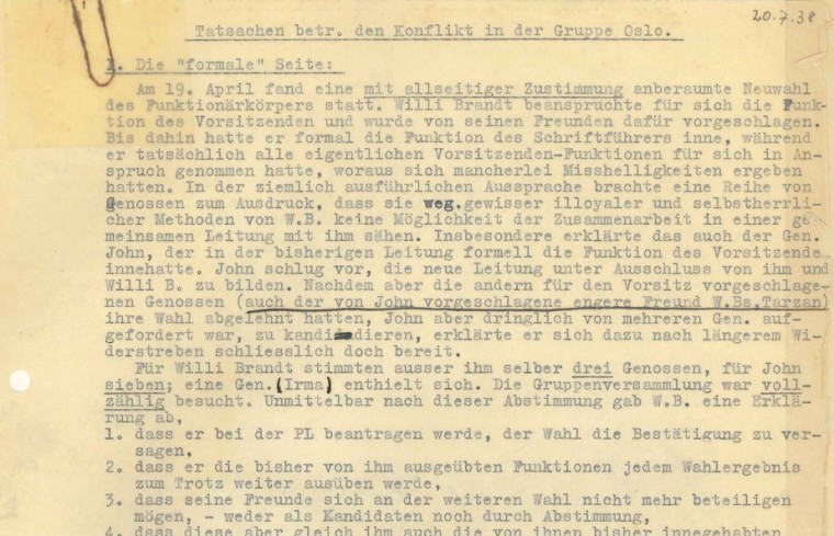 Auszug aus einem Bericht vom 20. Juli 1938 mit dem Titel „Tatsachen betreffend den Konflikt in der Gruppe Oslo.“