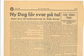 Ausschnitt der norwegischen Zeitung „Trots allt“ von August 1943 mit dem Artikel „Ny Dag får svar på ta“ von Willy Brandt.