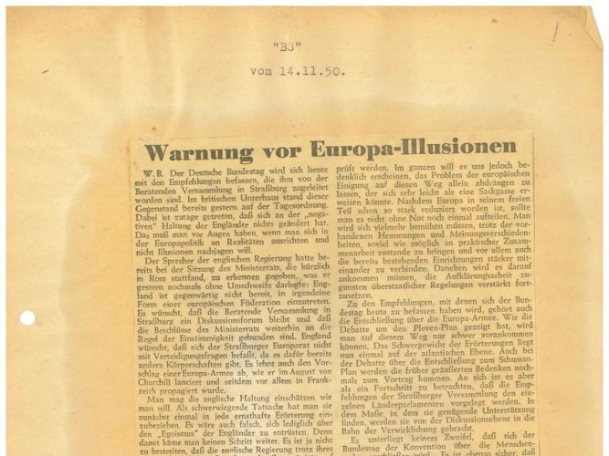 Ausschnitt der BS-Zeitung vom 14. November 1950 mit dem Titel „Warnung vor Europa-Illusionen“ von Willy Brandt.