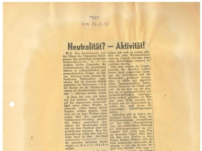 Ausschnitt der BS-Zeitung vom 21. Februar 2951 mit dem Titel „Neutralität? – Aktivität!“ von Willy Brandt.