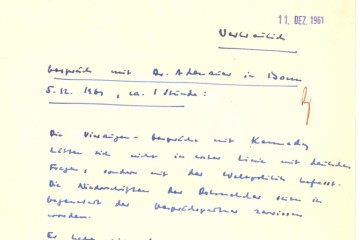 Ausschnitt eines handschriftlichen Vermerks Willy Brandts vom 11. Dezember 1961 über ein Gespräch mit Bundeskanzler Konrad Adenauer in Bonn am 5. Dezember 1961, ca. 1 Stunde lang.