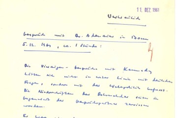 Ausschnitt eines handschriftlichen Vermerks Willy Brandts vom 11. Dezember 1961 über ein Gespräch mit Bundeskanzler Konrad Adenauer in Bonn am 5. Dezember 1961, ca. 1 Stunde lang.