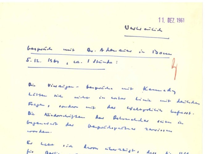 Ausschnitt eines handschriftlichen Vermerks Willy Brandts vom 11. Dezember 1961 über ein Gespräch mit Bundeskanzler Konrad Adenauer in Bonn am 5. Dezember 1961, ca. 1 Stunde lang.