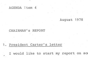 Ausschnitt eines Reports von August 1978 vom Vorsitzenden der Nord-Süd-Kommission Willy Brandt. Der Report startet mit: „1. President Carter´s letter. I would like to start my report on some“. Hier endet der Ausschnitt.