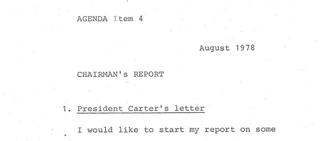 Ausschnitt eines Reports von August 1978 vom Vorsitzenden der Nord-Süd-Kommission Willy Brandt. Der Report startet mit: „1. President Carter´s letter. I would like to start my report on some“. Hier endet der Ausschnitt.