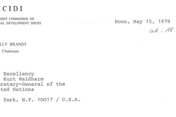 Ausschnitt des Briefkopfes von Willy Brandt als Vorsitzender der Independent Commission in internationale developement issues an Dr. Kurt Waldheimer, den Generalsekretär der Vereinten Nationen, am 15. Mai 1979.