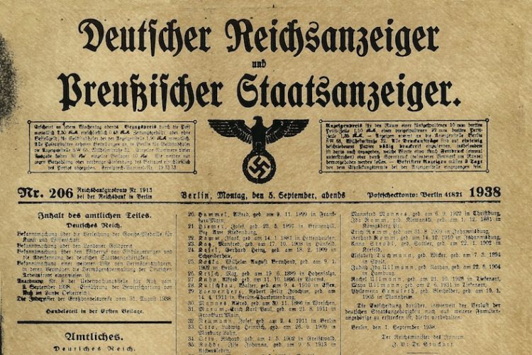 Auszug des Deutschen Reichsanzeigers und Preußischen Staatanzeigers mit der Nr. 206 vom Montag, den 5. September 1938 (abends).